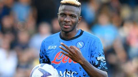 Victor Osimhen celebrates his hat-trick for Napoli against Sassuolo