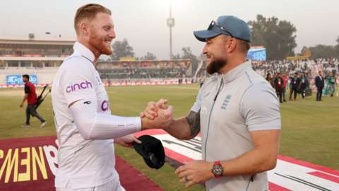 England captain Ben Stokes (left) and coach Brendon McCullum (right) celebrate victory over Pakistan