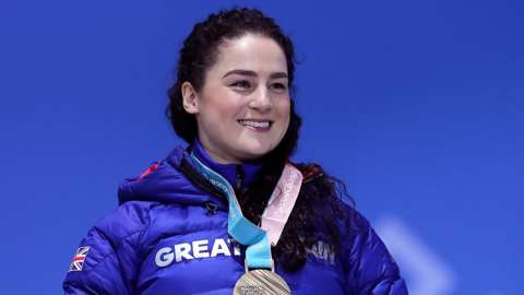 Laura Deas celebrates winning skeleton bronze at the 2018 Winter Olympics