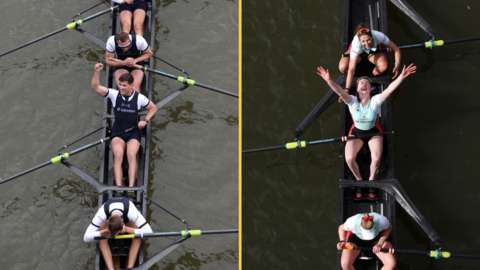 Bird's eye images of Oxford and Cambridge crews celebrating winning their respective races