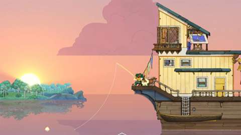 Still from the Spiritfarer game showing one the the characters fishing