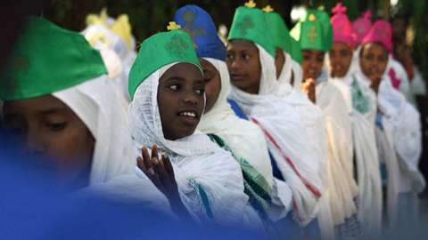 Eritrean youth are seen 19 January 2006 in Asmara during a colourful epihany festival in Eritrea. The festival, also known as 'Timkat' in the local Tigrinya language, is a commemoration of the baptism of The Christ observed annually among the Orthodox Christians