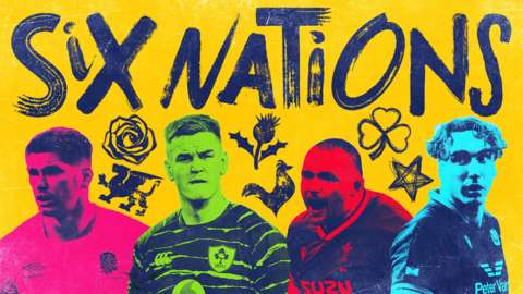 A graphic with the words Six Nations and a picture of the four home nations captains