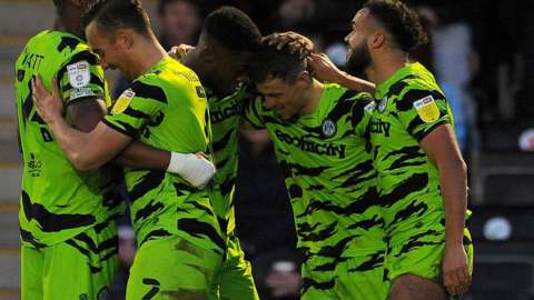 Forest Green celebrate Josh March's goal against Stevenage