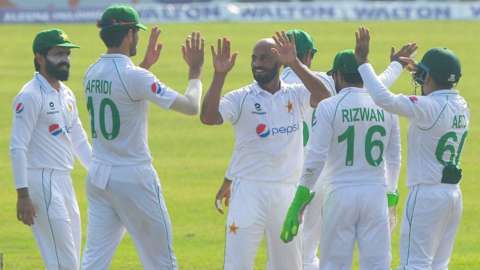Pakistan's Sajid Khan celebrates taking a wicket against Bangladesh in the second Test in Dhaka