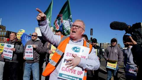 Darren Proctor, national secretary of the RMT, protesting the sacking of P&O workers at Dover