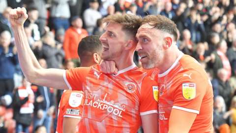 Blackpool celebrate their first goal against Birmingham City