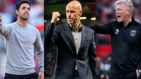 Arsenal boss Mikel Arteta (left), Manchester United boss Erik ten Hag (centre) and West Ham boss David Moyes