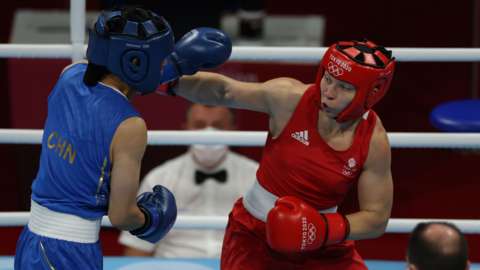 Great Britain's Lauren Price boxing against China at the Tokyo 2020 Olympics