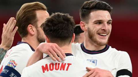 Declan Rice (right) celebrates an England goal against Iceland in a Nations League game at Wembley