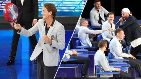 Roberto Mancini playing with a frying pan and players during a rap battle