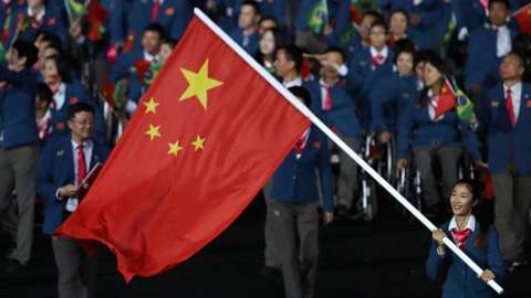 Flag bearer Rong Jing of China leads the team entering the stadium during the Opening Ceremony of the Rio 2016 Paralympic Games at Maracana Stadium on 7 September 2016 in Rio de Janeiro, Brazil.