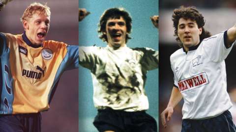 Split image of former Derby players (from L to R) Mart Poom, Kevin Hector and Dean Saunders