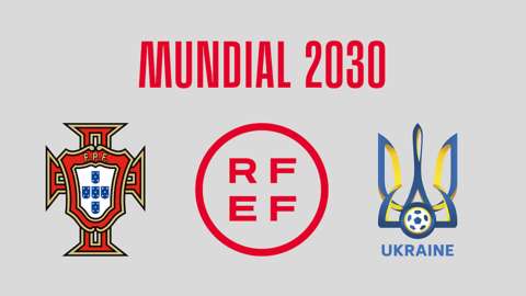 A graphic showing the logos of the Portuguese Football Federation, Spanish Fooball Federationa and Ukrainian Football Association to mark their 2030 World Cup bid