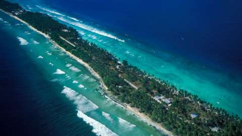 Aerial view shows the trees and beaches of Majuro, which forms part of the Marshall Islands