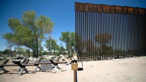 The wall near the border between Mexico and the US stop at the limit of the Cocopah Indian Reservation in Yuma, Arizona, USA, 20 June 2022