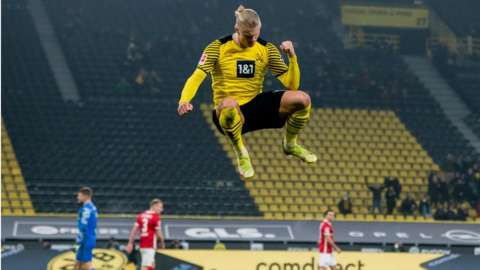 Erling Braut Haaland scores for Borussia Dortmund