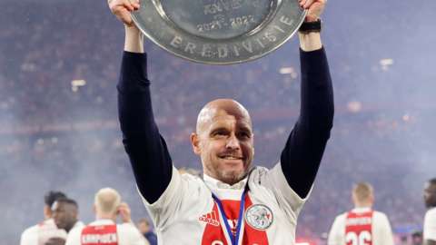 Ajax boss Erik ten Hag celebrates his side winning the Dutch League