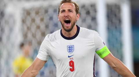 England captain Harry Kane celebrates scoring for England against Ukraine at Euro 2020