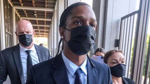 Rapper A$AP Rocky, also known as Rakim Mayers, leaves after his arraignment hearing on charges of assault with a firearm, at the Foltz Criminal Justice Center in Los Angeles, California