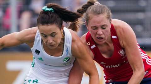 Anna O'Flanagan of Ireland and Giselle Ansley of England battle for the ball during last year's Euro Hockey Championships match