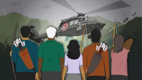 Illustration shows indigenous people resisting the arrival of a helicopter with vaccines against covid-19