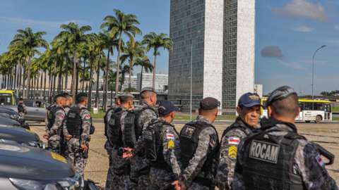 Supreme Court security is reinforced by National Force soldiers standing in a line following the January 8 attacks, in Brasilia, Brazil, on January 11, 2023.