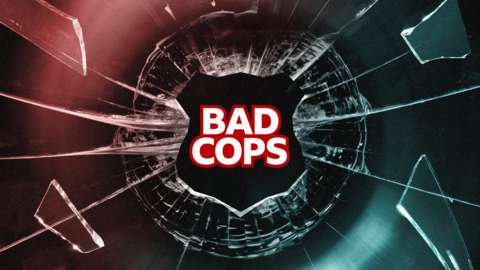 Glass shatters around the silhouette of a US police badge