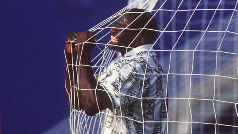 Nigeria's Rasheed Yekini celebrates a goal against Bulgaria at the 1994 World Cup in the USA