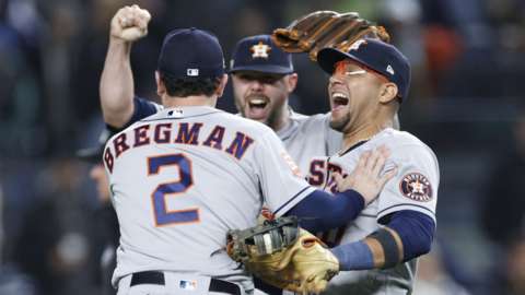 Alex Bregman, Ryan Pressly and Yuli Gurriel celebrate as the Houston Astros reach the World Series
