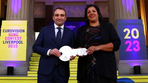 The Mayor of Liverpool Joanne Anderson and the Mayor of Turin Stefano Lo Russo pose for a picture during the Insignia Exchange where 2022 hosts, Turin, officially hand over the Eurovision Keys to Liverpool, in Liverpool, Britain, January 31, 2023.