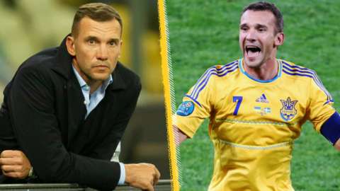 Andriy Shevchenko as Ukraine's manager (left) and playing for his country at Euro 2012 (right)