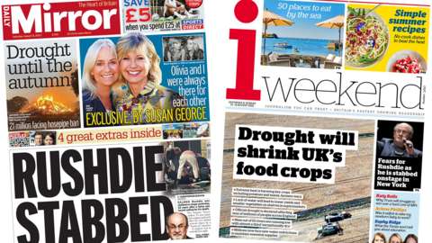The headline in the Mirror reads, "Rushdie stabbed", while the headline in the i reads, "Drought will shrink UK's food crops"