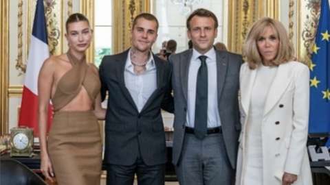 Justin Bieber and his wife Hailey Baldwin with French President Emmanuel Macron and his wife Brigitte Macron