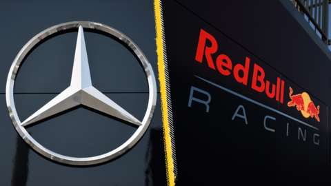 A split picture of Mercedes and Red Bull logos