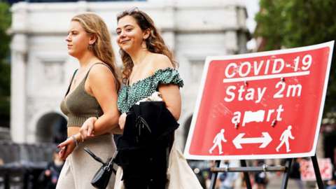 Two young women next to a social distancing sign