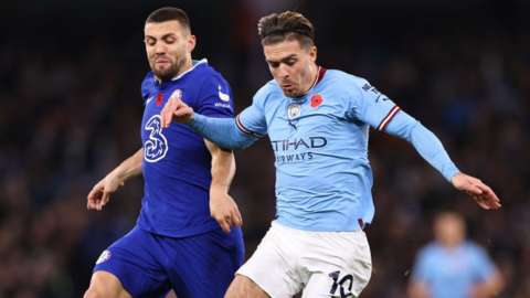 Mateo Kovacic of Chelsea and Jack Grealish of Manchester City
