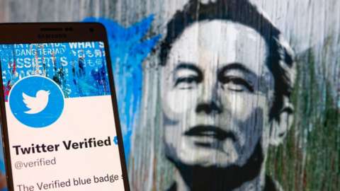 Twitter Verified icon seen on mobile screen with Elon Musk in a background illustration.