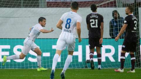 FC Zurich's Adrian Guerrero celebrates after he makes it 1-1 during a UEFA Europa League play off match between FC Zurich and Heart of Midlothian