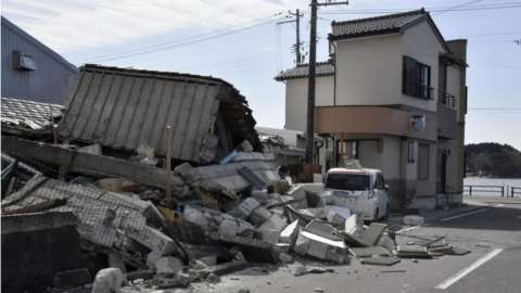 A damaged building following a strong earthquake is pictured in Soma, Fukushima prefecture, Japan in this photo taken by Kyodo on March 17, 2022.