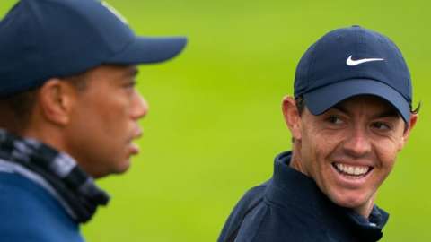 Tiger Woods and Rory McIlroy playing together at the 2020 US PGA Championship