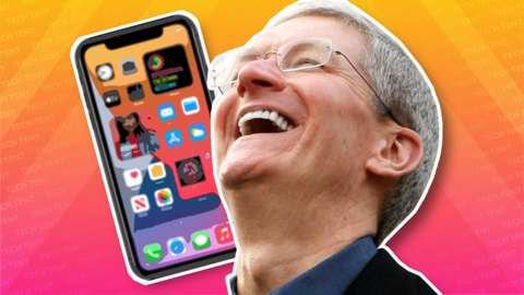 Tim Cook laughs, in a collage featuring an iPhone behind him