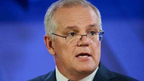Prime Minister Scott Morrison speaks about his management of the pandemic at the National Press Club on February 01, 2022 in Canberra, Australia.