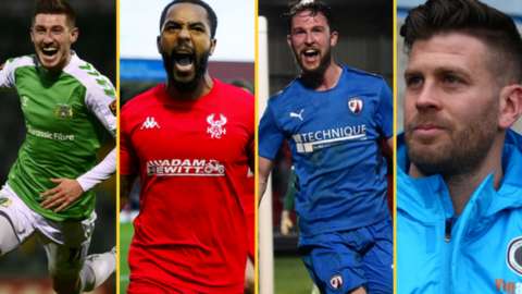 Yeovil's Tom Knowles (left), Ashley Hemmings of Kidderminster Harriers (second left), Chesterfield's James Kellermann (second right) and Boreham Wood boss Luke Garrard (right)
