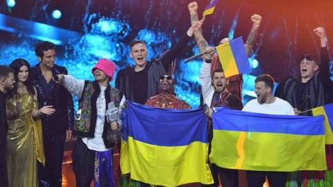 Kalush Orchestra from Ukraine celebrates onstage in Turin