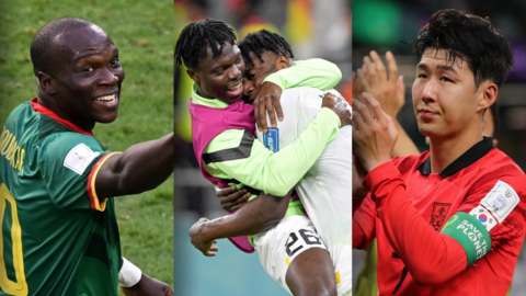 Split image of Cameroon's Vincent Aboubakar celebrating, Ghana's players celebrating and Son Heung-min of South Korea clapping towards supporters