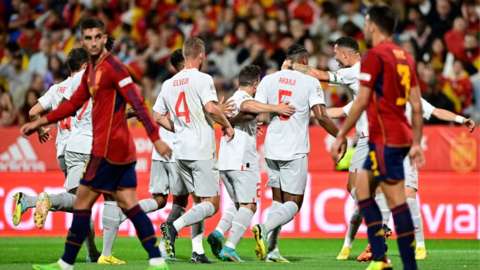 Switzerland celebrate Manuel Akanji's goal