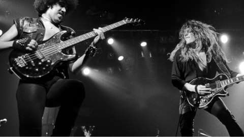 Thin Lizzy's Phil Lynott and John Sykes on stage in 1980