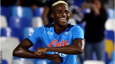 Nigeria striker Victor Osimhen celebrates a goal for his Italian club Napoli