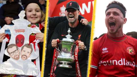 A Wrexham fan with a tinfoil FA Cup, Liverpool boss Jurgen Klopp and Walsall's Liam Kinsella (right)